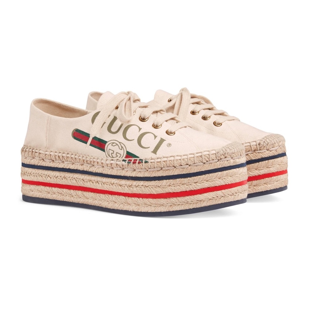 Gucci Cream Canvas Platform Espadrilles with Red and Blue Stripes